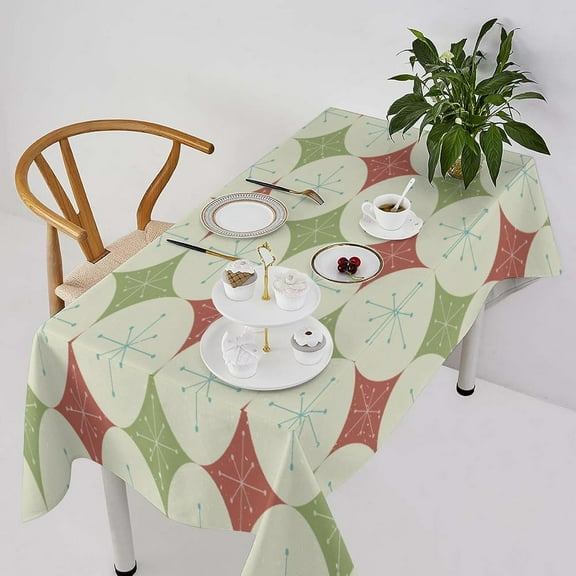 Red Green Stars Tablecloth, Mid Century Abstract Geometric 1950s Christmas Stars Diamonds Table Cloth Cover for Dining Room Kitchen Decoration Rectangle(60x102in)