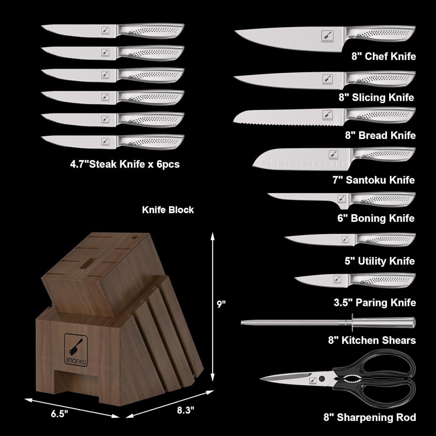 imarku Knife Set, 16PCS High Carbon Stainless Steel Kitchen Knife Set with Block Ultra Sharp Knife Block Set, Japanese Knife Set with Dotted Non-slip Ergonomic Handle, Best gifts,Fathers Day Gifts
