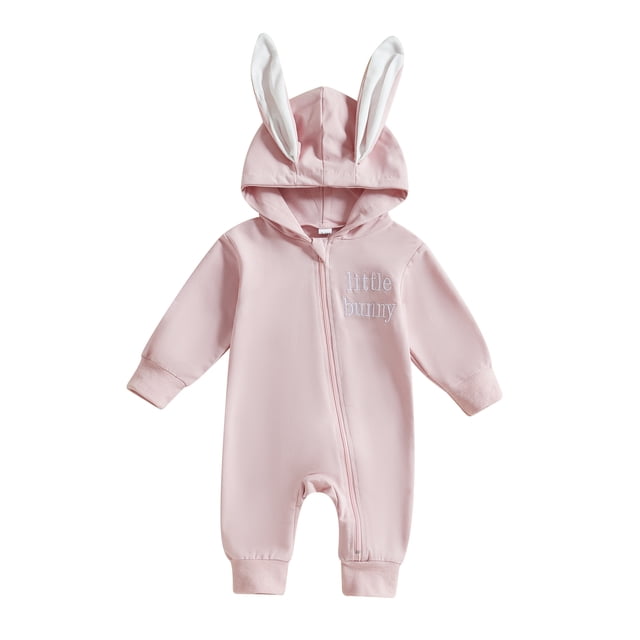 Gupgi Infant Easter Jumpsuits Cute Bunny Ear Romper Spring Long Sleeve Zip Up Hooded Bodysuits