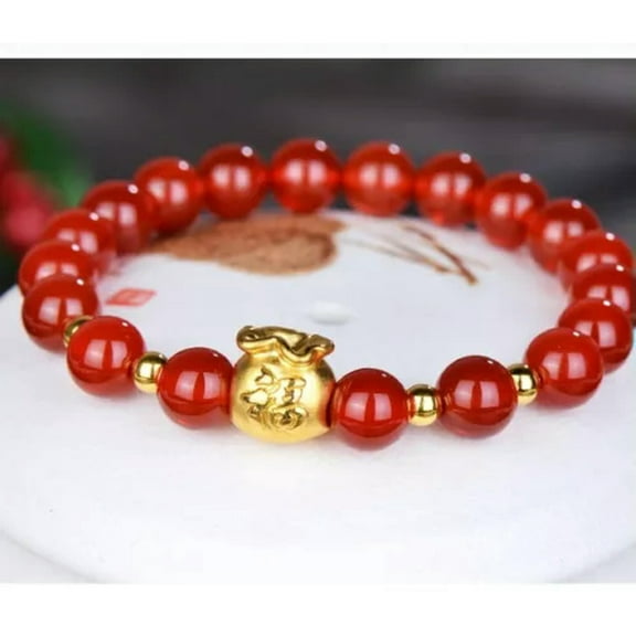 K-KED Real Pure 24K Yellow Gold Bracelet 3D Lucky FU Bag 4mm Beads Red Agate Bead Link-7.5inch