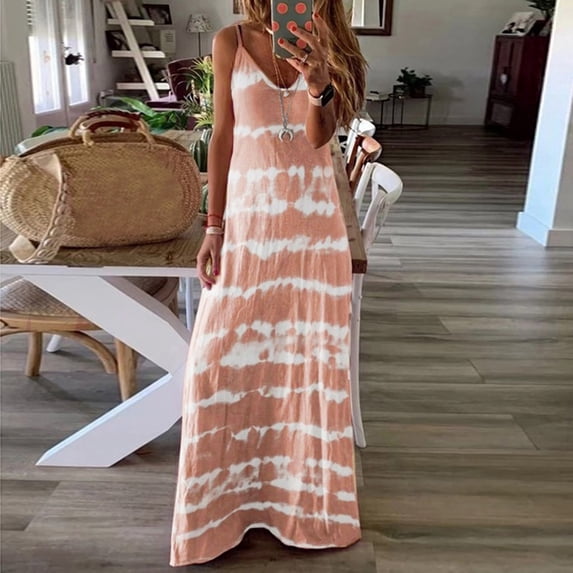 ERTUTUYI Women's Summer Spaghetti Straps Striped Printed Casual Long Maxi Dress Khaki S