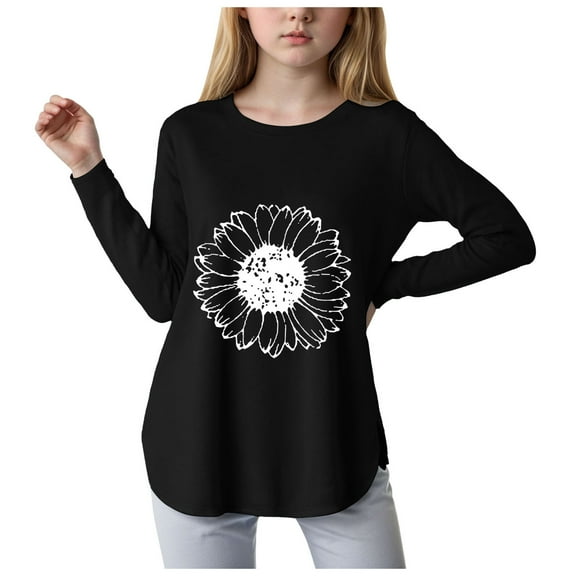 Xudanell Kids Girls T Shirts Casual Printed Flowers Long Sleeve Tee Crewneck Color Block Cute Fall Blouses Tops Size 11-12 Years