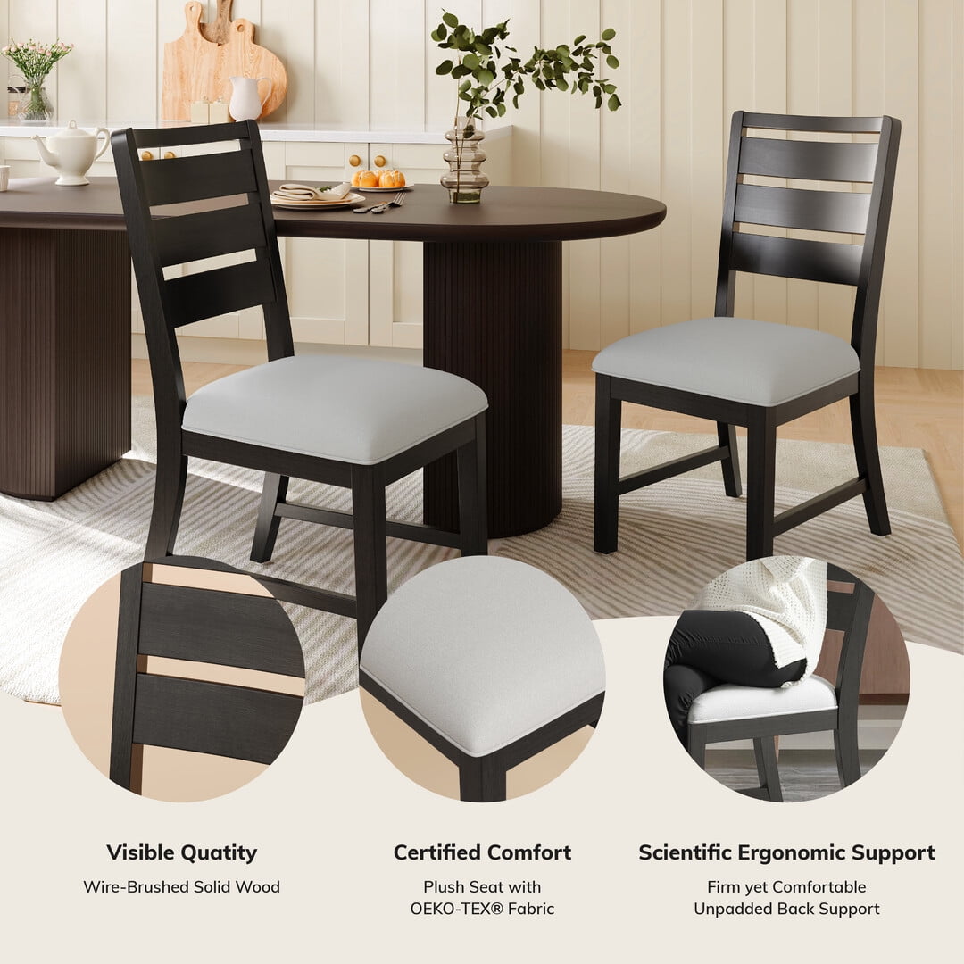 COLAMY SERA Solid Wood Dining Chair Set of 2 with Fabric Upholstered Cushion, Ladder Back Farmhouse Kitchen Chair, Modern Two-Tone Chair for Home and Restaurant, Black