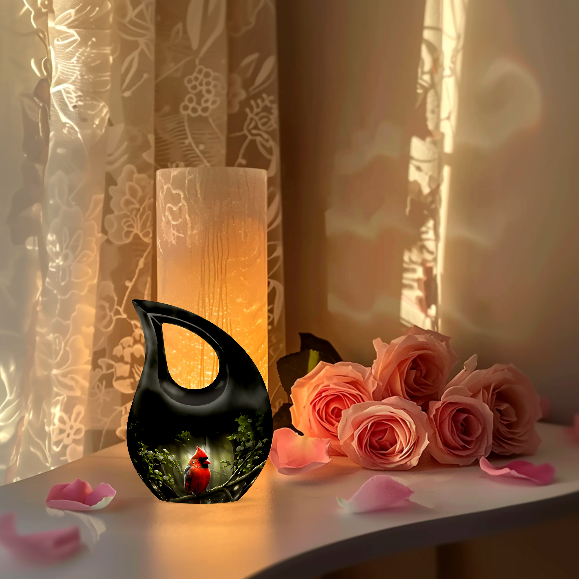 MUKTIVE Red Cardinal Large Cremation Urn for Human Ashes Male & Female - Cross Drop Black Memorials & Funerary Urns - Remembrance Gift for Loss for Dad - Cremation Ashes Holder - 10 Inch