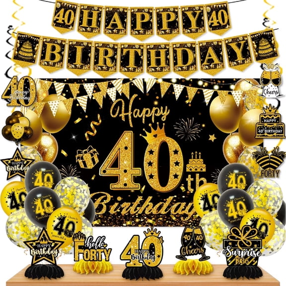 40th Birthday Decorations for Women & Men, Black and Gold 40th Birthday Party Supplies Set with Happy 30th Birthday Banner, Balloons, Hanging Swirls, Table Signs – 39PCS