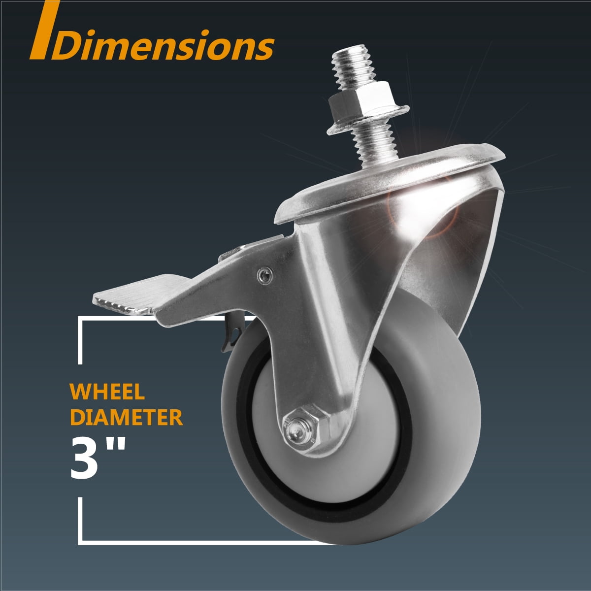 POWERTEC 4PK 3" Threaded Stem Caster Wheels with Brake & 600lbs Loads, Heavy Duty 1/2"-13 x 1-3/8" Stem Casters, Dual Locking TPR Rubber Castor Wheels for Furniture, Cart, Dolly & Workbench, 17201
