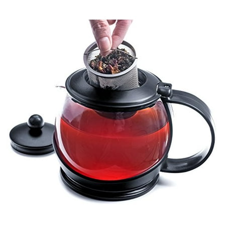 - Modern Innovations Large Glass Teapot Set with Stainless Steel Infuser, Lid & Cozy Warmer, Borosilicate Glass Tea Pots for Kitchen Counter Top Use Steeping Loose Leaf Tea, 40 Ounce Capacity