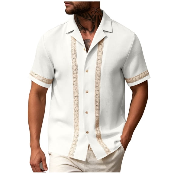 LNWUY Men's Guayabera Shirt Short Sleeve Lapel Button Down Casual T-Shirt Pattern Printed Beach Vacation Clothes Summer Tops White XXL