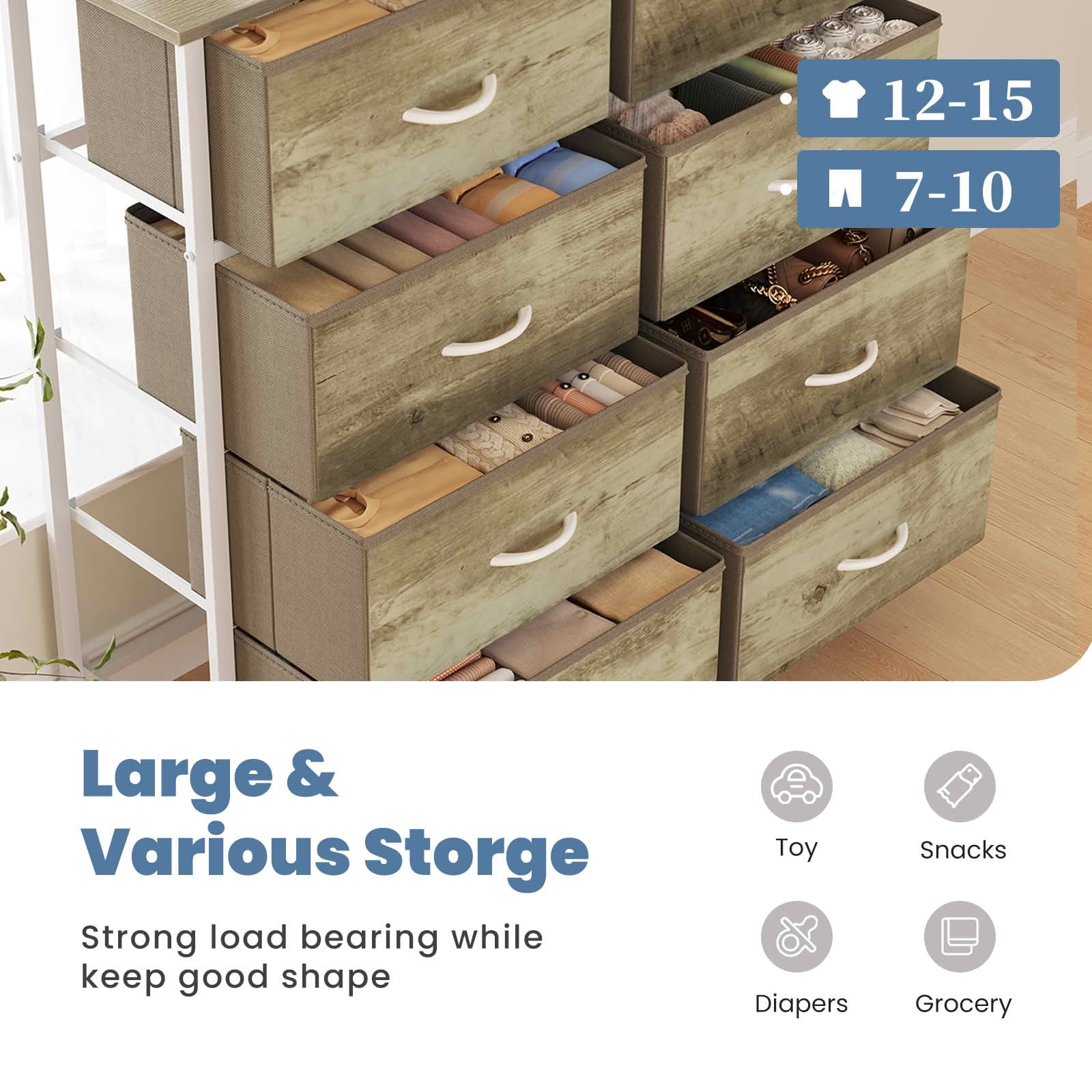 MAYEERTY 8 Drawer Tall Dresser Fabric Storage Tower Wooden Top for Kid Room Closet Entryway Nursery
