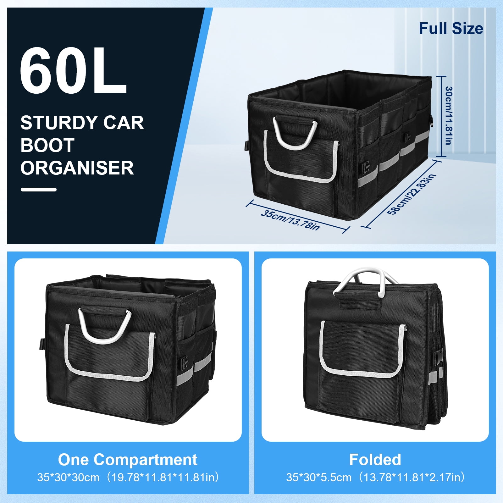 Car Trunk Organizer for SUV, Lychee Collapsible Multi Compartments Trunk Vehicle Organizer, Waterproof Car Storage Organizer with Foldable Lid, Aluminium Handle, Non Slip Bottom (Black)
