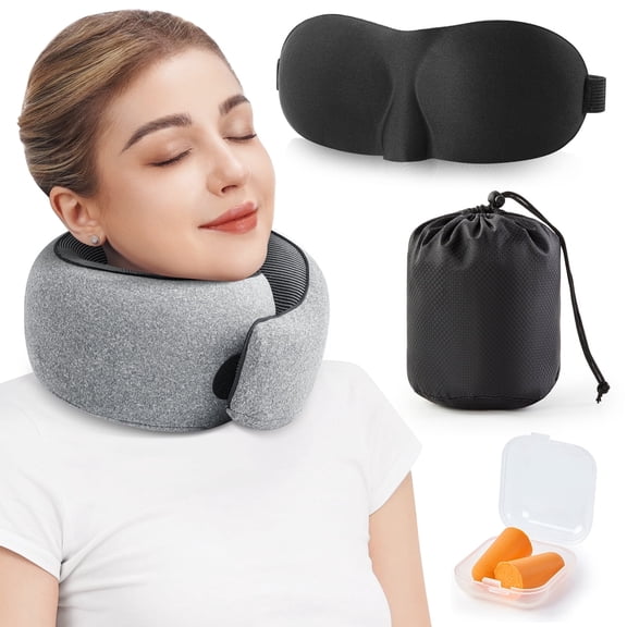 LAFAYTTE Travel Pillows for Airplanes, Ergonomic Memory Foam Neck Pillow, 360° Support Contoured, With 3D Sleep Mask, Noise-Reducing Earplugs, Portable Storage Bag, Gray