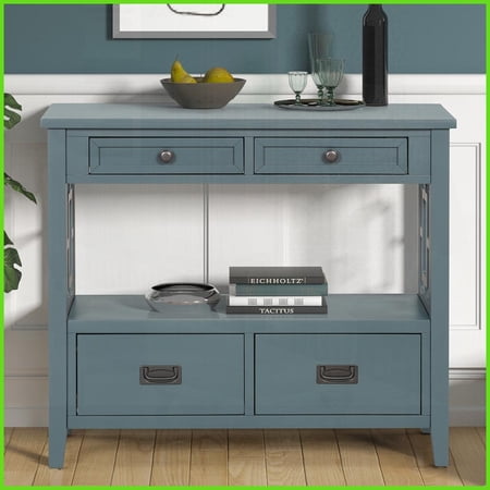Retro Pine Wood Coffee Table with 4 Drawers & Shelf - Spacious Storage for Living Room Easy Assembly