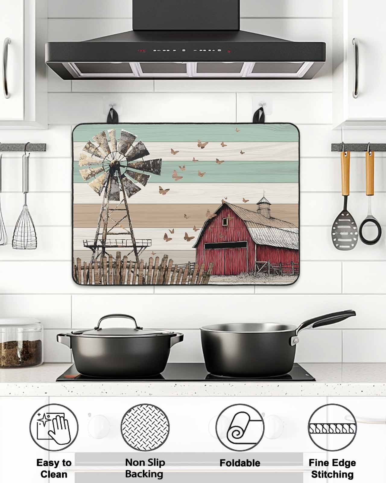 Stove Top Covers for Electric Stove, Windmill Farmhouse Glass Stovetop Cover Protector, Vintage Teal Brown Wooden Butterfly Induction Cooktop Protector Oven Mat for Kitchen Countertop 24"x21"