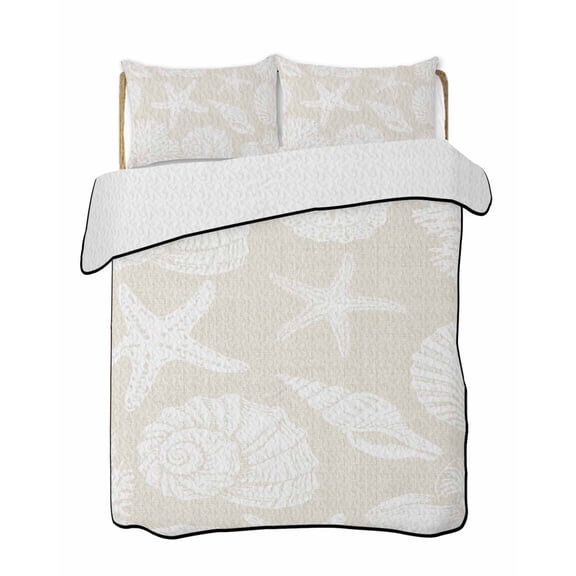 Quilts Twin Size Bedding Set, Starfish Coastal Lightweight Quilted Comforter, Shell Summer Beach Nautical Ocean Linen Soft Reversible Bedspread Coverlet with Pillow Covers for All Season, 68" x 86"