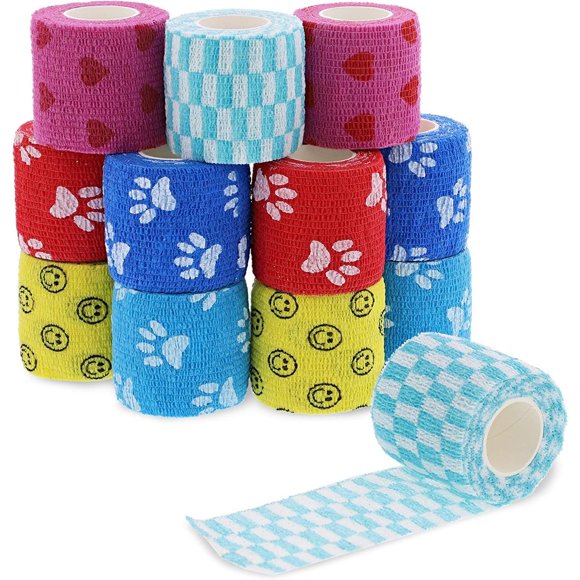 Self Adherent Wrap - 12 Pack Of Cohesive Bandage Medical Vet Tape for First Aid, Sports, Wrist, Ankle In 6 Colors with 2 Rolls Each, 2 inches X 5 Yards