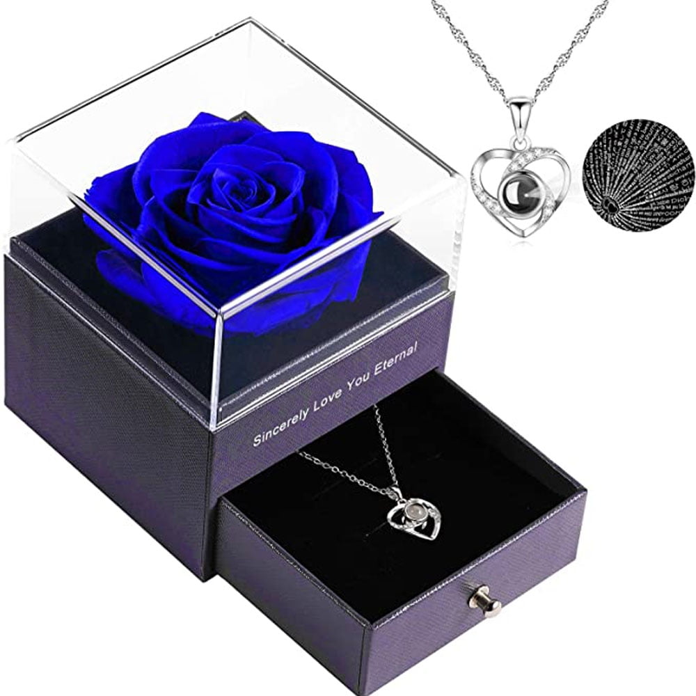 Gifts for Her, Real Preserved Eternal Rose, Rose with Necklace That Says I Love You, in 100 Languages, Real Rose Enchanted Gift for Birthday