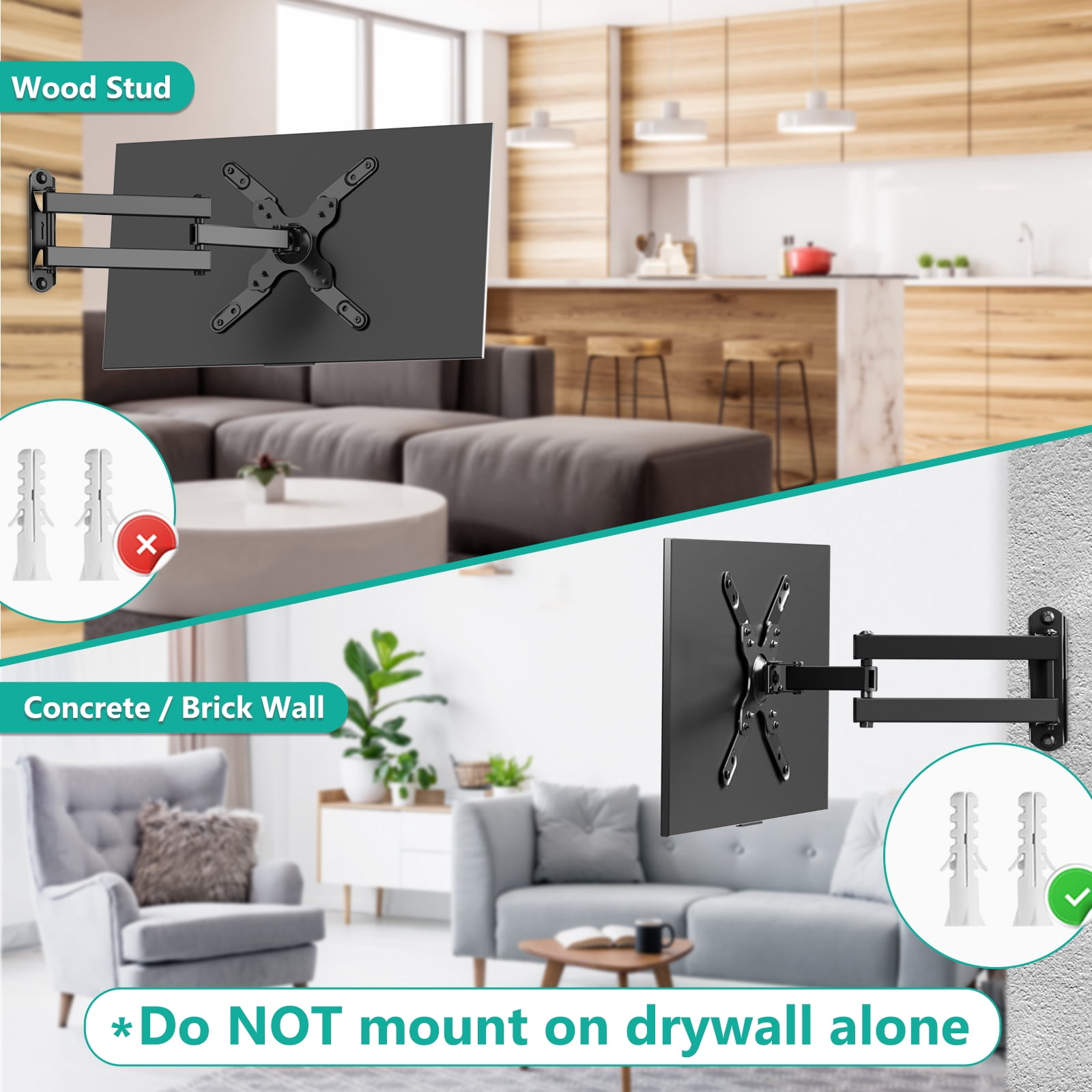 WALI TV Wall Mount Bracket Articulating Full Motion Detachable Arm for Most 13 to 42 inch LED, LCD Flat Screen Display, up to 44lbs (1342LM), Black