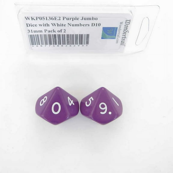 Purple Jumbo Dice with White Numbers D10 31mm (1.25in) Pack of 2 Wondertrail
