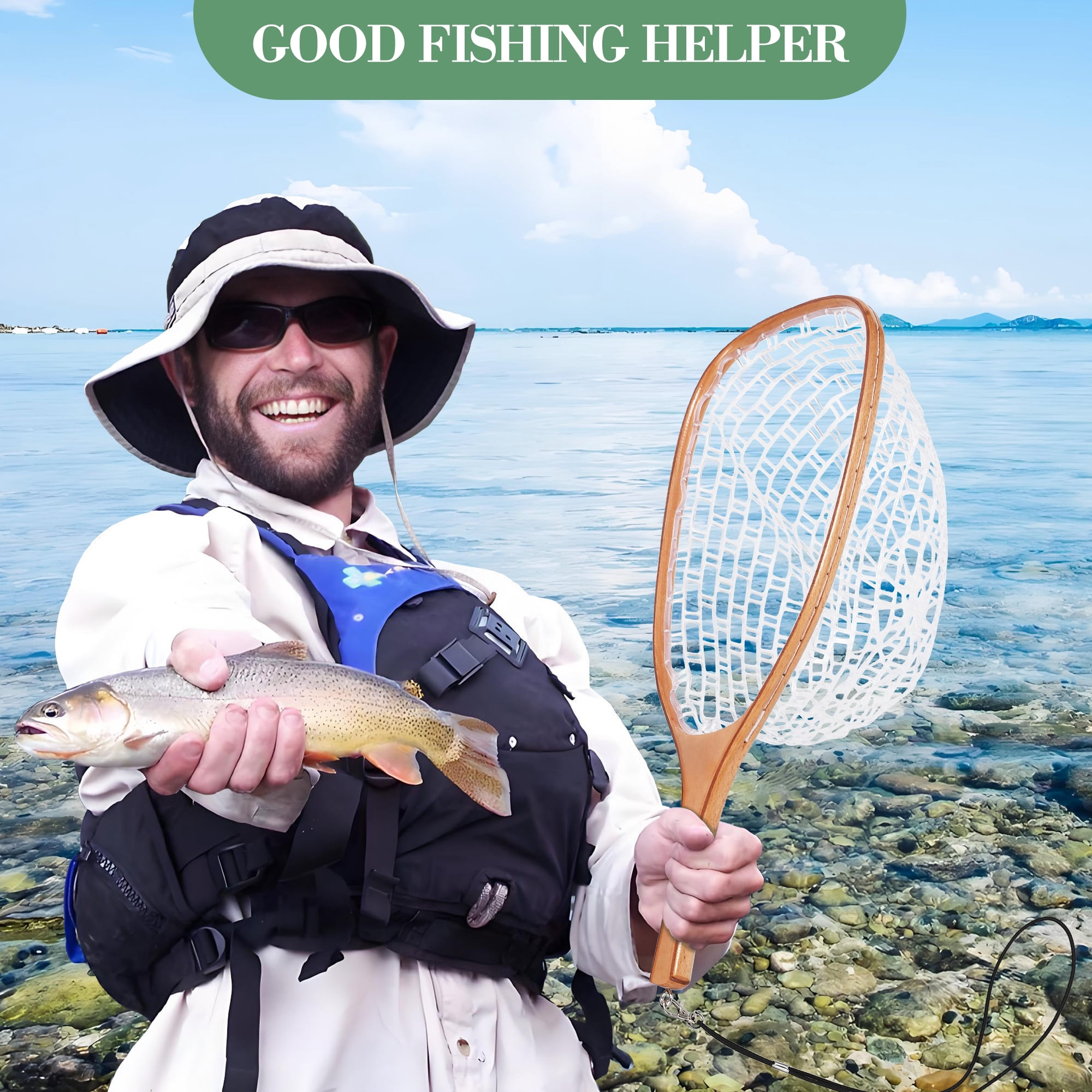 Superior Fly Fishing Landing Net – Lightweight & Durable – Rubber-Coated Fine Mesh – Wooden Ergonomic Handle