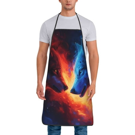 

Naloa 1Pack Adjustable Bib Apron Waterdrop Resistant Cooking Kitchen Aprons for Women Men Chef Red And Blue Fire Wolf Print