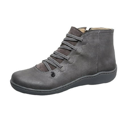 

Leather Boots for Women Casual Retro Round Toe Lace-Up Flat Ankle Booties Side Zipper Plus Size Comfortable Outdoor Shoe Short Boots