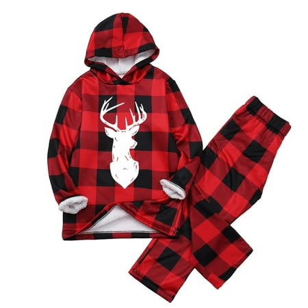 

Nomeni Family Clothes Classic Plaid Prints Plush Merry Christmas Pajamas Velvet Hooded Sweatshirt Trousers Sets Tops Pants Sets