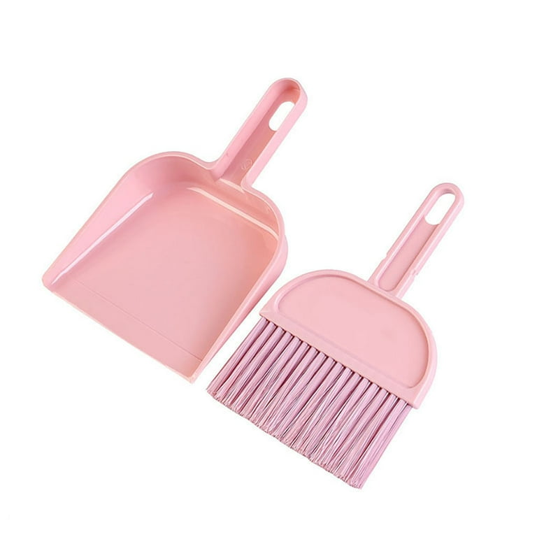 Dustpan Broom Set Mini Dust Pan Soft Bristle Brush Scrubber for Table Desk Countertop Key Board Pink