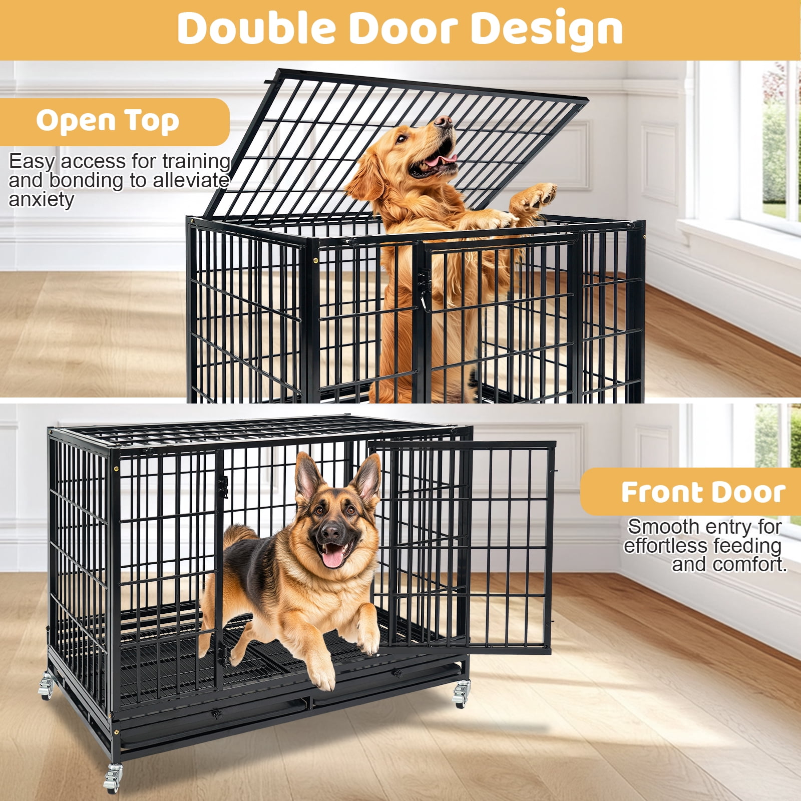 47 Inch Heavy Duty Large Dog Crate, Stackable Indestructible Big Cage for High Anxiety Dogs, Escape Proof XL Dog Kennel Indoor with Auto Locks, No-Noise Grid, Dual Trays, 360° Wheels(2 Tier)