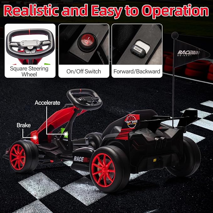 EastVita Go Kart Electric Drift Kart Car with Adjustable Seat, 24V Outdoor Ride On Toy with Variable Speed Mode, Crazy Cart for Kids 6+ Years Old, High-Speed Racing and Immersive Gaming Combo