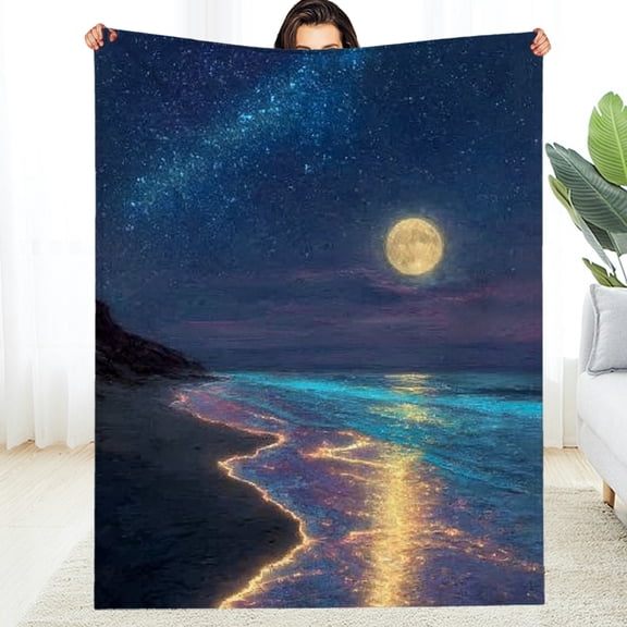 Creowell Wicked Moonlit Beach Blanke ,Cozy Throw with Glowing Ocean Shoreline Moon Milky Way Wave Design,Soft Lightweight Gifts Blankets for Women,Sofa Bed Travel Nautical Coastal Boho Decor 30*40in