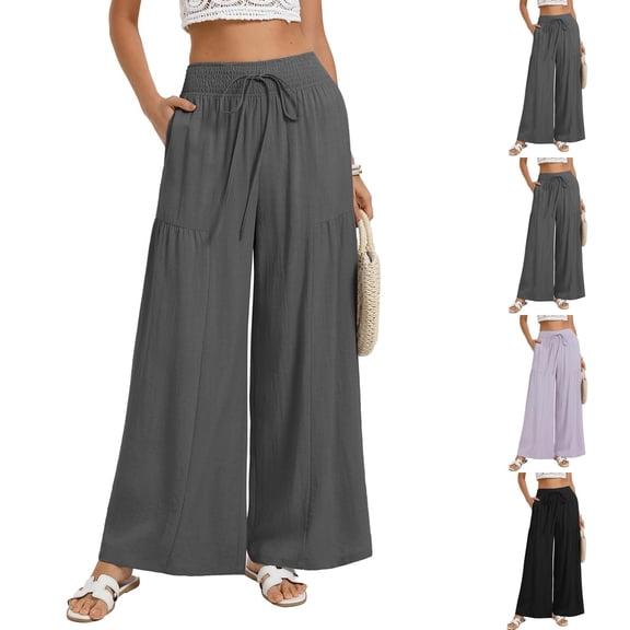 Women's Cotton Linen Palazzo Pants Smocked High Waist Wide Leg Trousers Casual Loose Tiered Flowy Slacks with Pockets for Beach Yoga