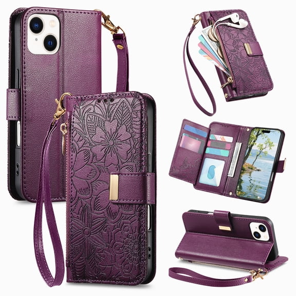 Corliven for iPhone 15 Case, PU Leather and TPU Hybrid Wallet Cover with Card Pocket, Cash Slot and Lanyard, Purple