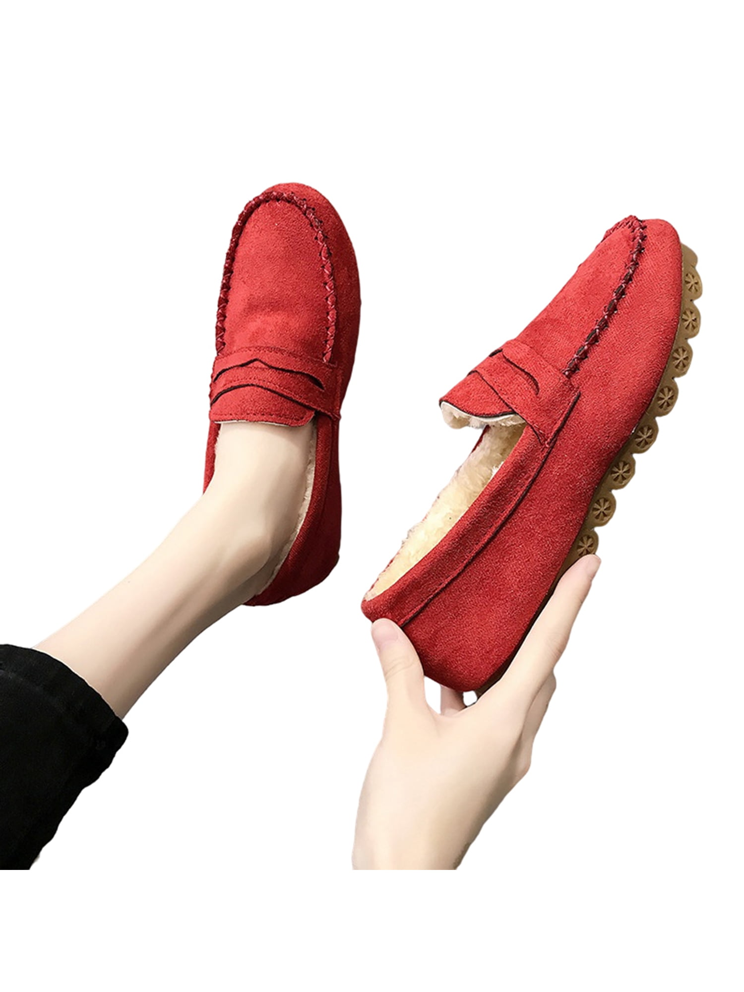 Womens Suede Faux Fur Slip On Slippers Soft Moccasin Toe Flat House Slippers 