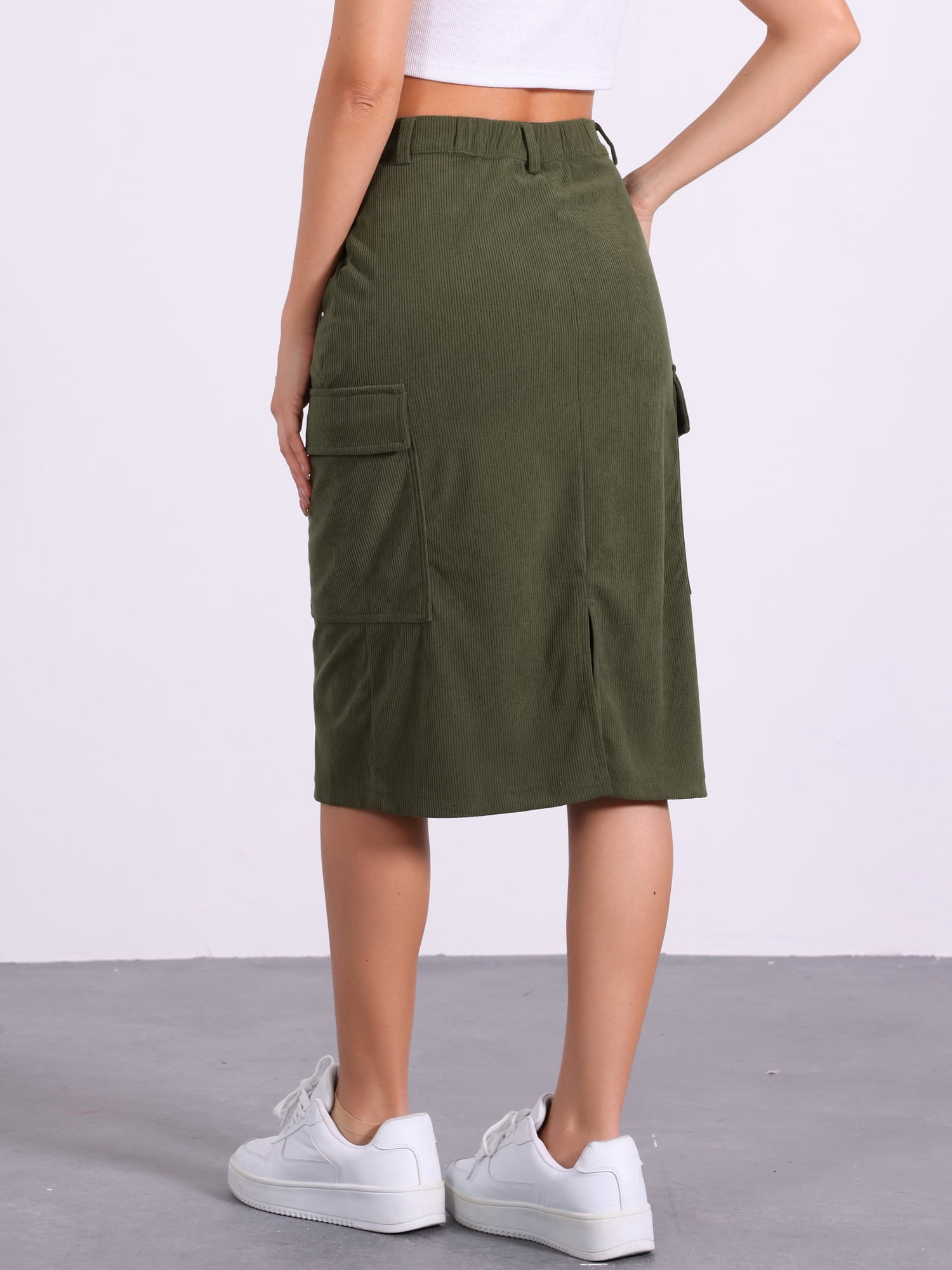 DARING DIVA Corduroy Cargo Skirts for Women's Elastic Back Midi Skirt S Army Green