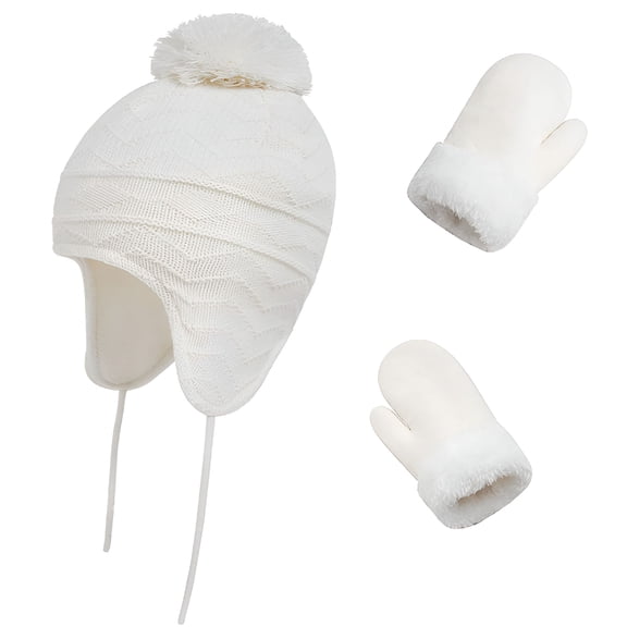 TELOLY Toddler Kids Winter Hat with Mittens Set, Baby Kids Warm Knit Beanie Hat with Earflap and Fleece Gloves for Boys Girls