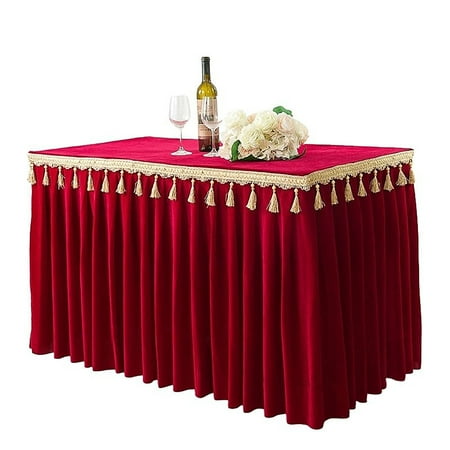 

2 Pack Solid Color Velvet Table Skirt Cloth Fitted Table Skirt With Tassel Washable Table Skirt For Birthday Halloween Christmas Banquet Activity Meeting -Rose Red-180x40x75cm