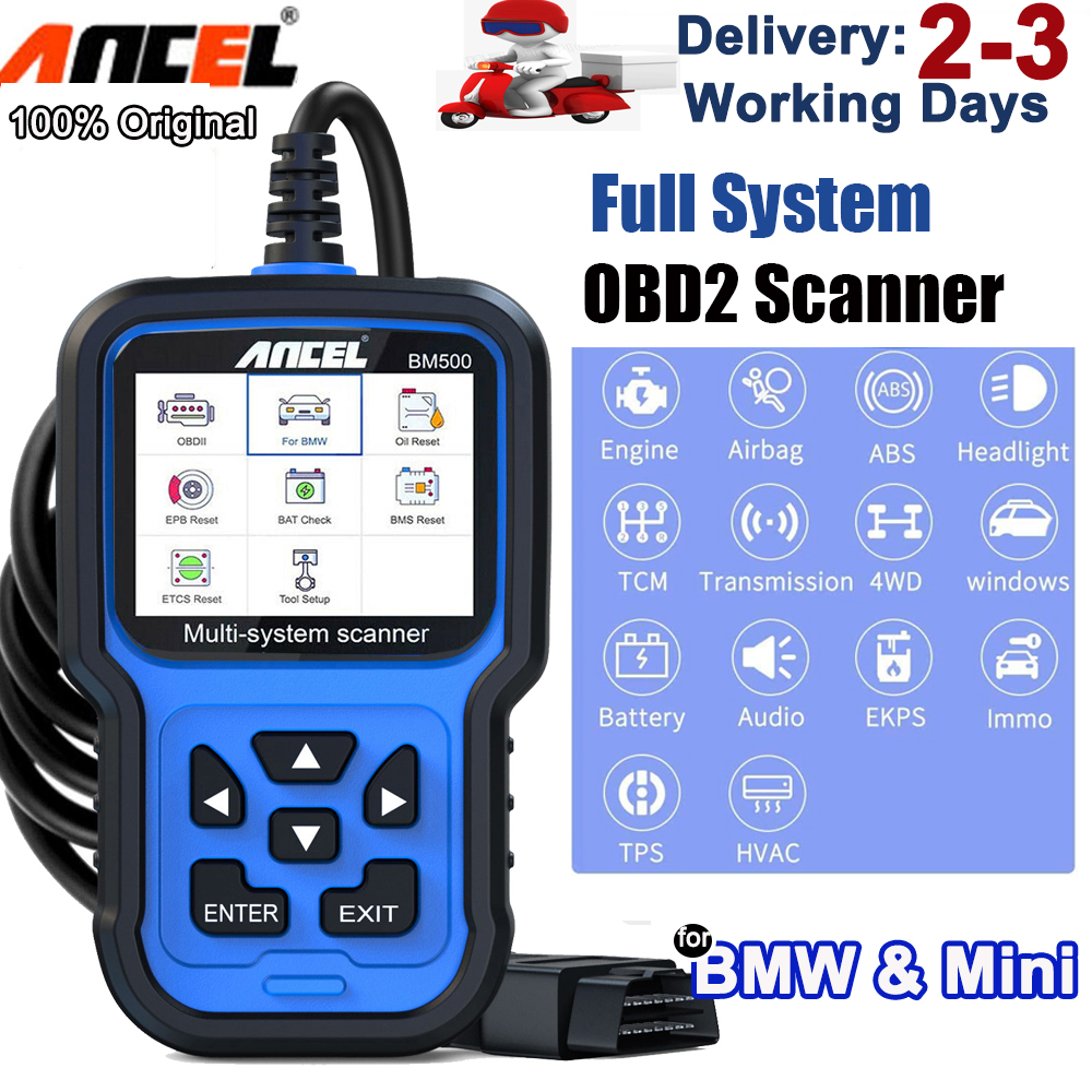 Ancel Bm500 All System Obd2 Scanner For Bmw Mini Car Diagnostic Tool For Engine Abs Srs Esp Sas Tcm 4wd Immo Systems With Battery Registration For Bmw Cbs Epb Etc Bms Pcm Oil