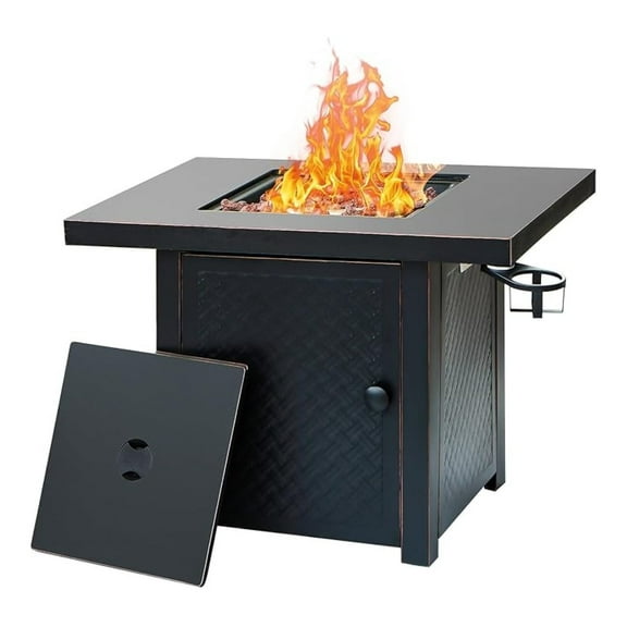 32'' Propane Gas Firepit Table, 50000 BTU Outdoor Fire Pit with Lid & Lava Rocks, 2 Drink Holders, CSA Certified Patio Heater for Yard & Dining