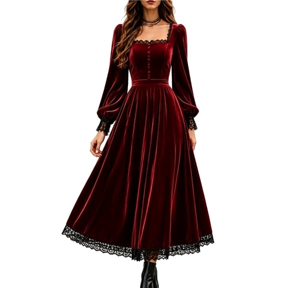 Huowey Halloween Witch Women Vampire Gothic Dresses Elegant Cosplay Party Gown Lace Square Neck Long Sleeve Eye-Catching Photo Dress,Red,M