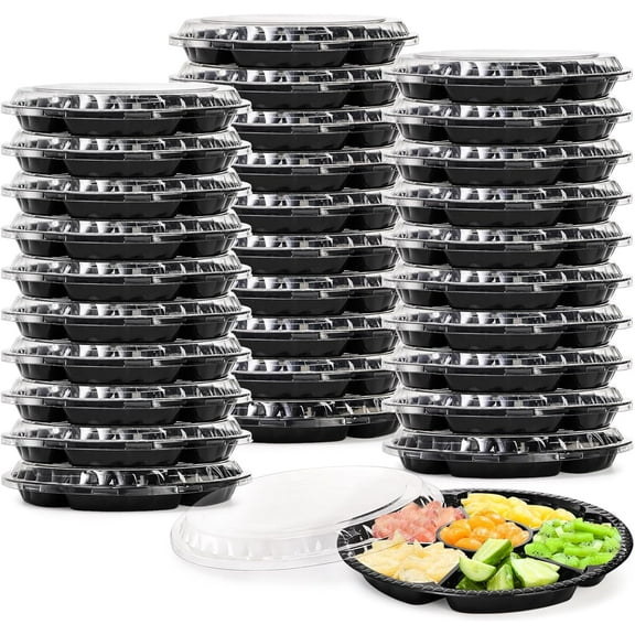 30 Pack Plastic Appetizer Trays with Clear Lid, Round Stackable Serving Party Trays, 12 in Banquet Catering Fruit Vegetable Tray, Reusable 6 Divided Food Snack Dip Platter for Outdoor Buffet