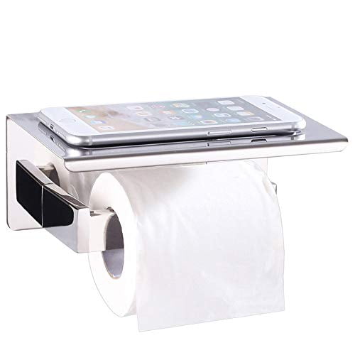 Toilet Paper Holder with Shelf Polished Chrome, Angle Simple SUS304 Stainless Steel Bathroom Tissue Holder, Paper Roll Hanger with Phone Storage Rack,
