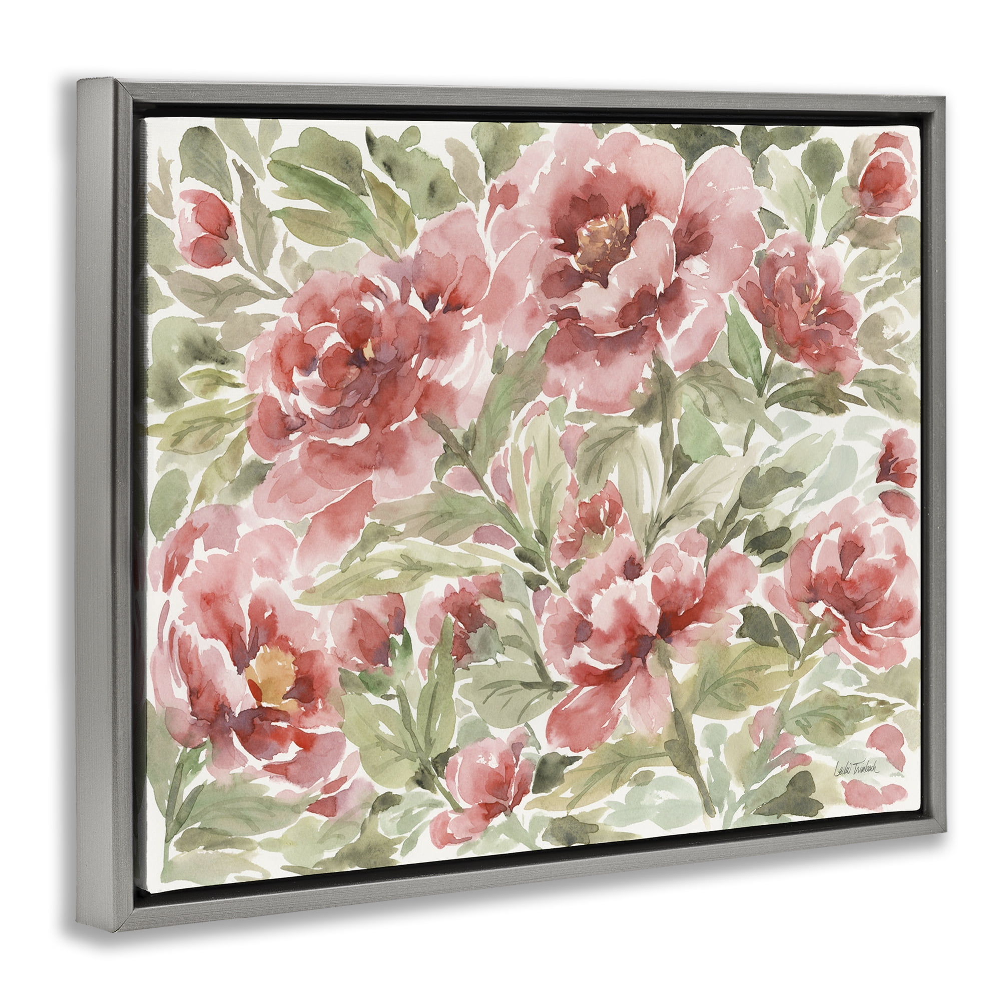Stupell Industries Pink Peonies Pattern Botanical & Floral Painting Gray Floater Framed Art Print Wall Art, 31 x 25