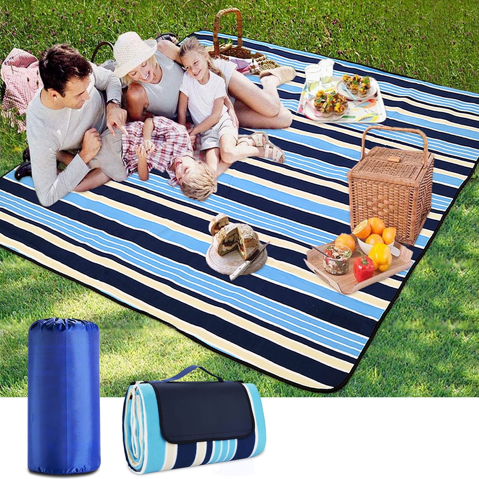 Hiking Camping Park Dark Blue & White Stripe BRIAN & DANY Picnic Blanket 200cm x 200cm Beach Foldable Outdoor Beach Blanket 3 Layers Waterproof Blanket with Carrying Handle for Family