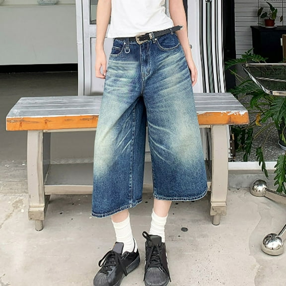 Aueoeo Women High-Waisted Jeans Y2k Wide Leg Jeans Medium Trousers Cropped Trousers Straight Leg Motorcycle Jeans