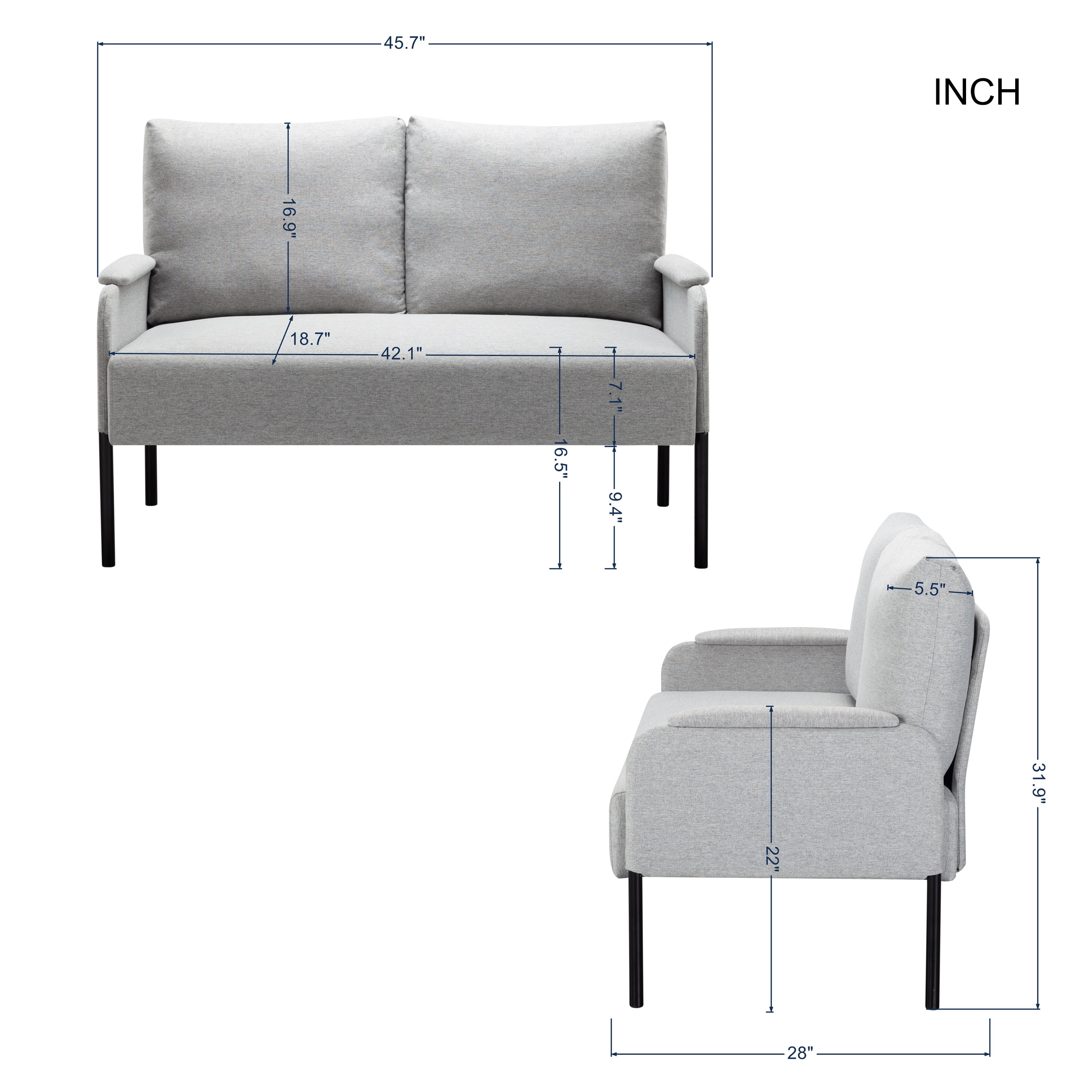 Gewnee 45.7”Loveseat Couch for Small Spaces,Mid-Century Modern 2-Seater Sofa with Metal Frame & Black Legs,Removable Washable Back Cushion Cover,Easy Assembly.Pink