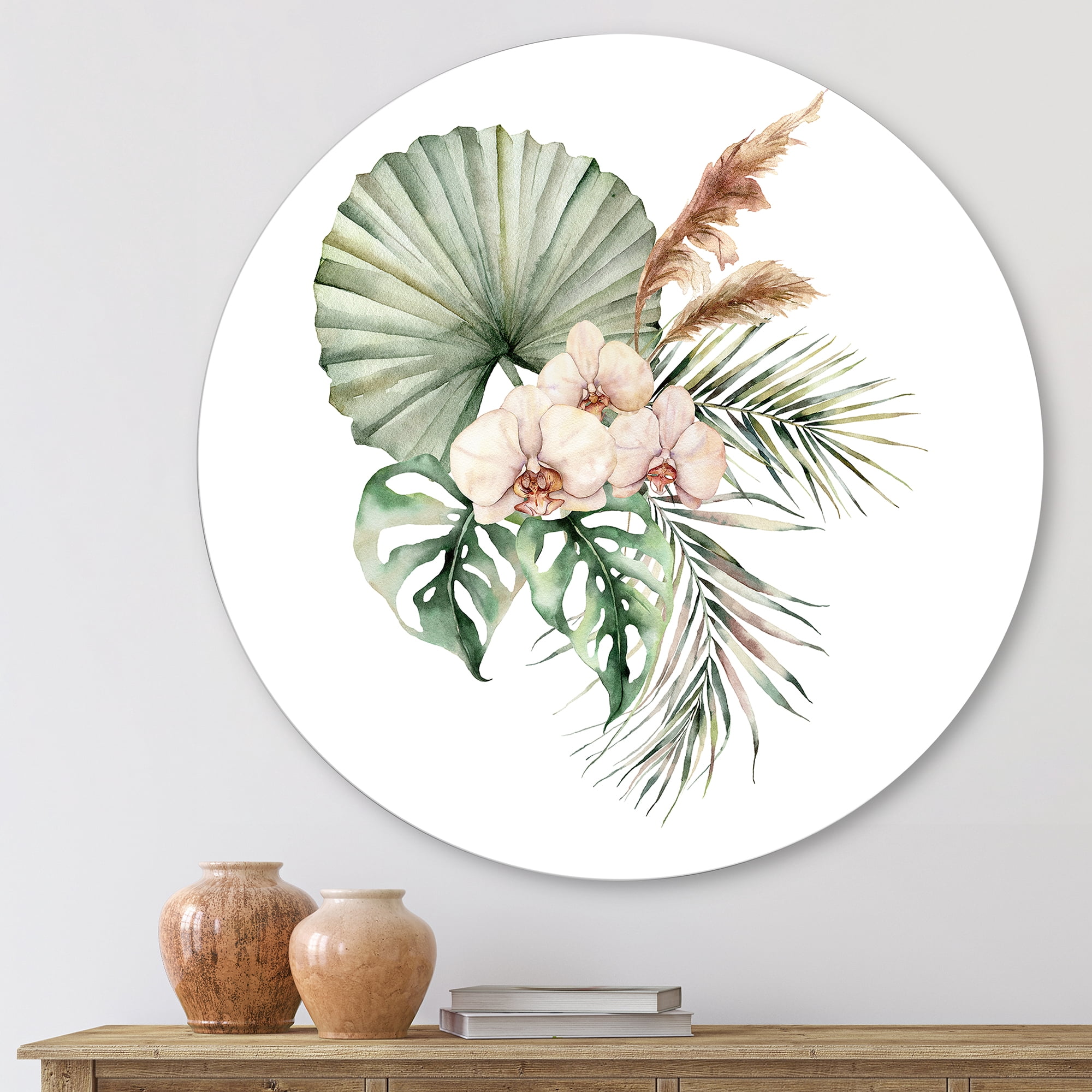 Designart 'Tropical Bouquet With Palm Orchids Leaves' Traditional Circle Metal Wall Art 23x23 - Disc of 23