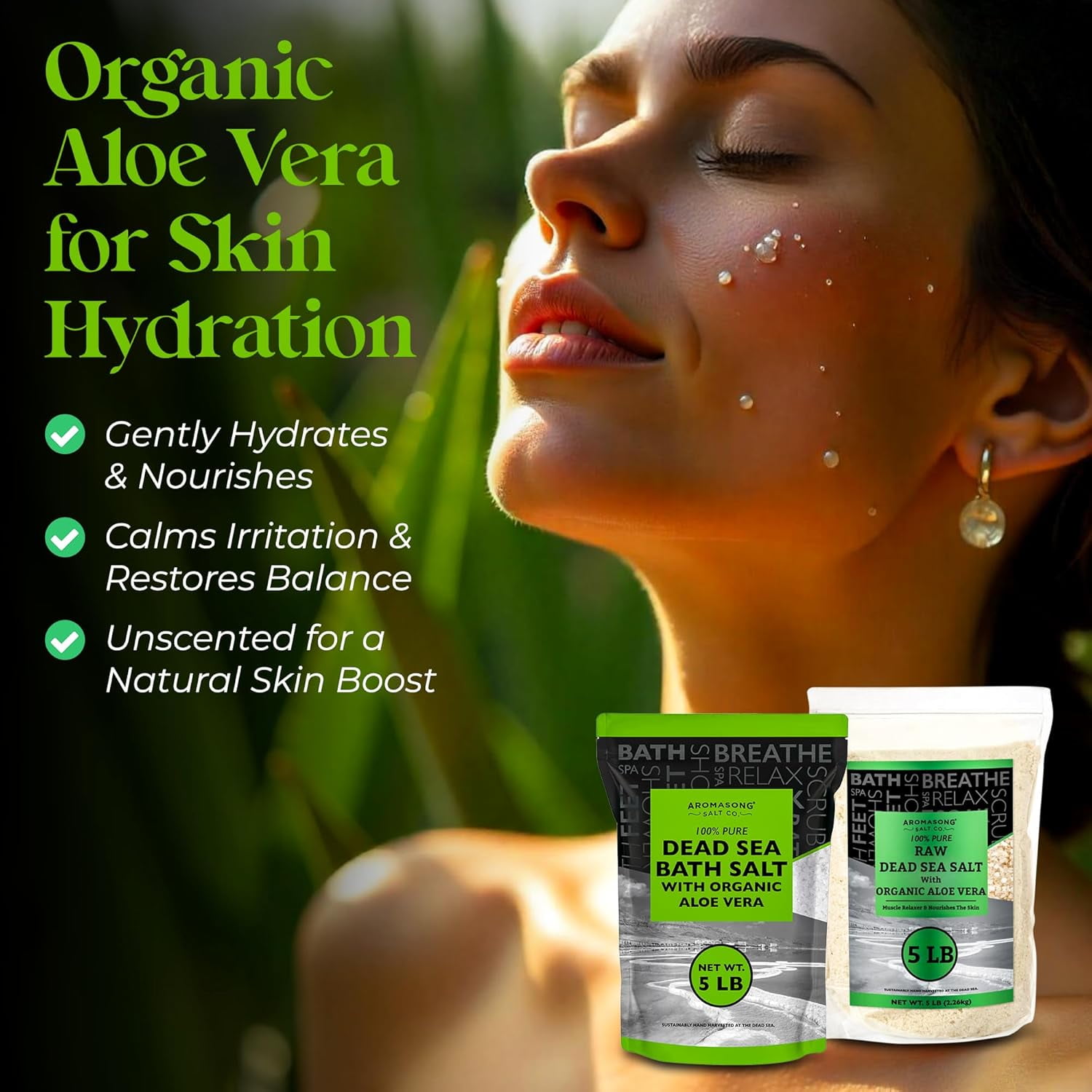 Aromasong Raw Dead Sea with Organic Aloe Vera Bath Salts, 5 lbs Bulk Pack