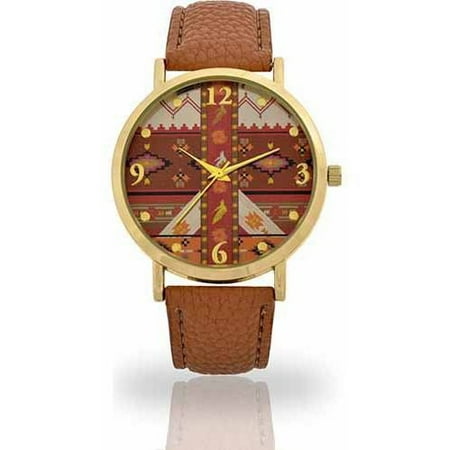 Face Brown Leather Band - Women's Camel Aztec Mirror Face Watch, Faux Band