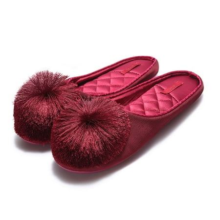 

CoCopeanut Chic Tassel Pom-Pom Women House Slippers Slip-on Comfort Memory Foam Cotton Shoes Spring Autumn Bedroom Ladies Silk Slides