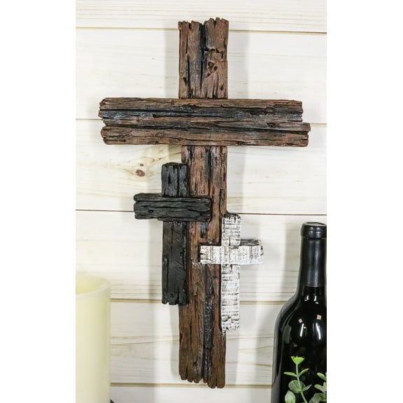 Ebros Rustic 3 Tone Faux Wood Walnut Birch Driftwood Color Wall Cross 16" Tall